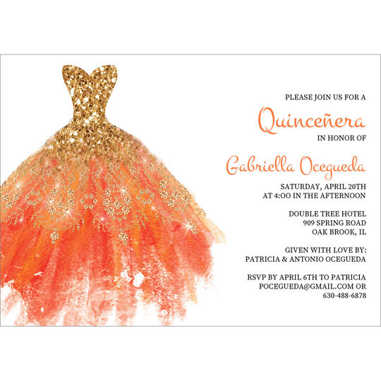 Orange Quinceanera Gown Flat Invitations